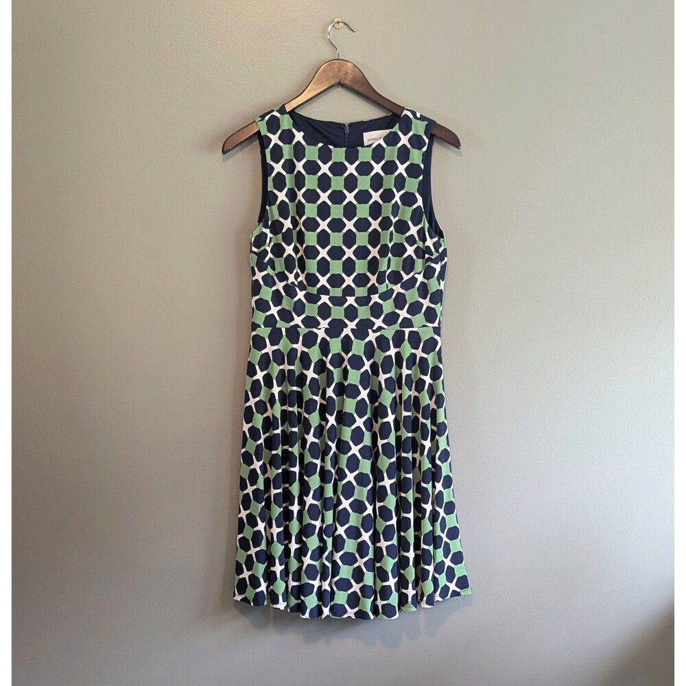 Donna Morgan Dress 6 Blue Green Geometric Print A Line Sleeveless Career Work